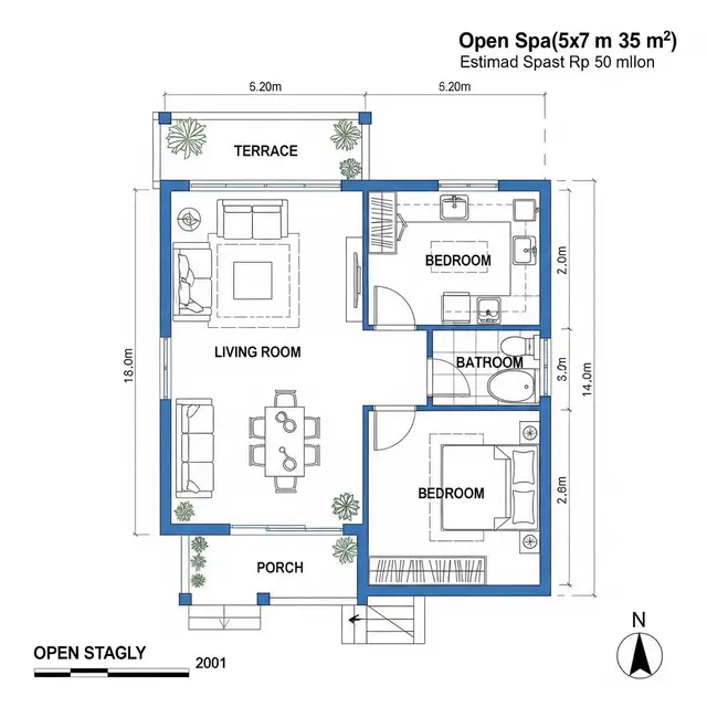 Denah Rumah Japandi Sederhana Ukuran 5x7 Biaya 50 Juta Cocok di Desa (Image by Gemini AI)