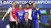 Hastomo Arbi meraih gelar juara dari nomot tunggal putra +55 pada BWF World Senior Championships 2015 di di Helsinborg, Swedia, Sabtu (26/9/2015). (Liputan6.com/Badminton Indonesia)