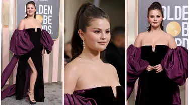 Foto kolase Selena Gomez saat menghadiri Golden Globe Awards 2023 di The Beverly Hilton, Beverly Hills, California, Amerika Serikat, 10 Januari 2023. (Amy Sussman/Getty Images/AFP)