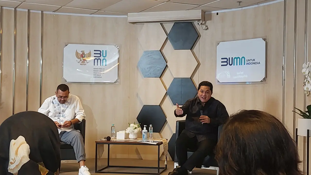 Menteri BUMN Erick Thohir dalam Acara Ramah Tamah  di Kementerian BUMN, Rabu (3/5/2023). Erick Thohir buka suara mengenai rencana pemerintah yang akan menambah porsi saham di PT Freeport Indonesia (PTFI).