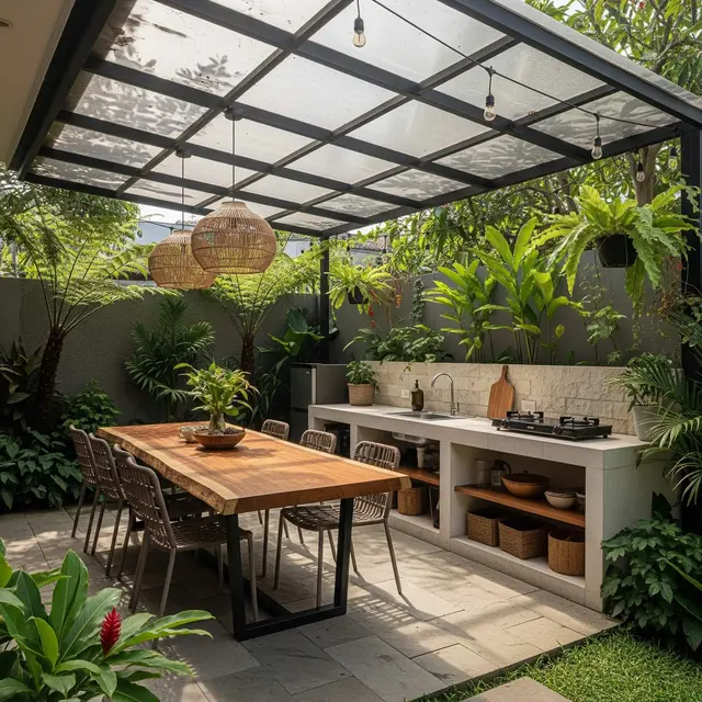 Ide Dapur Semi Outdoor dengan Taman Belakang