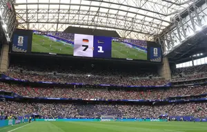 Piala Dunia 2026 - Jerman Vs Curacao, tampak papan skor menunjukkan skor 7-1 di Houston Stadium. (Lars Baron / GETTY IMAGES NORTH AMERICA / Getty Images via AFP)