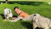 Bella Hadid saat berpose dengan dua kambing dan mengenakan gaun backless dari Bottega Veneta. (dok. Instagram @bellahadid/https://www.instagram.com/p/CEHm5sNgvgc/)