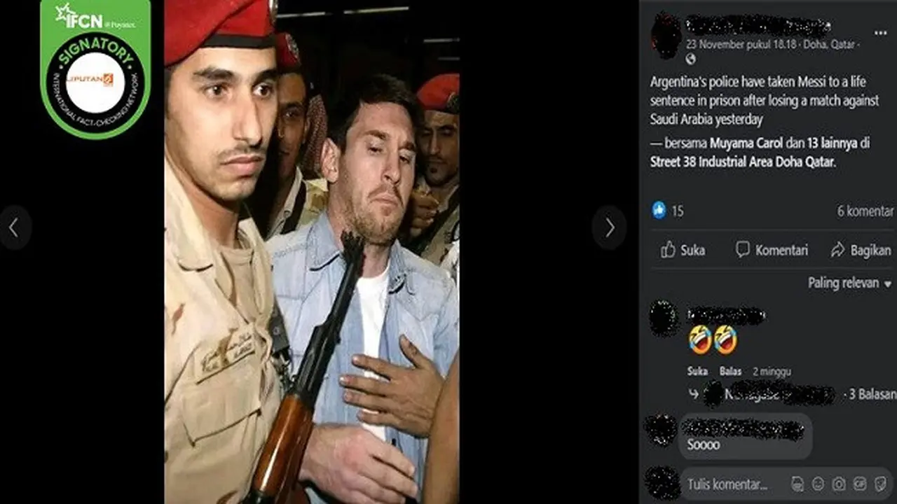 Gambar Tangkapan Layar Foto yang Diklaim Lionel Messi Ditahan Polisi Usai Kalah Melawan Arab Saudi di Piala Dunia Qatar 2022 (sumber: Facebook).