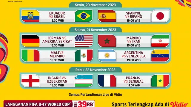 Jadwal Siaran Langsung Piala Dunia U-17 2023 Babak 16 Besar di Vidio