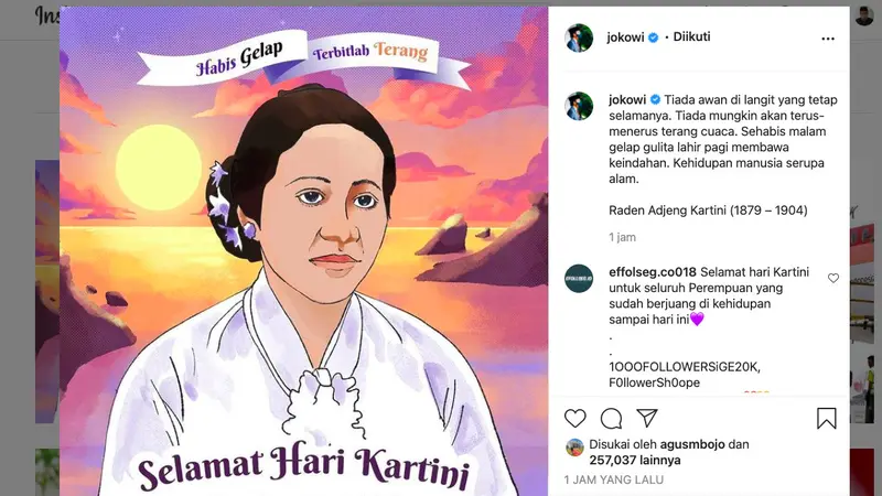 Postingan Presiden Jokowi di akun Instagram-nya mengucapkan Selamat Hari Kartini. (@jokowi)