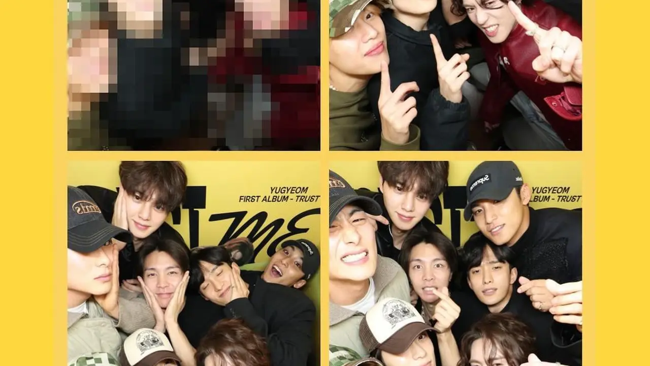 Foto bareng geng 97 Line, Song Kang, Jung Gun Joo, dan Johnny NCT pada acara Listening Party Album Baru Yugyeom (Instagram/yugyeom)