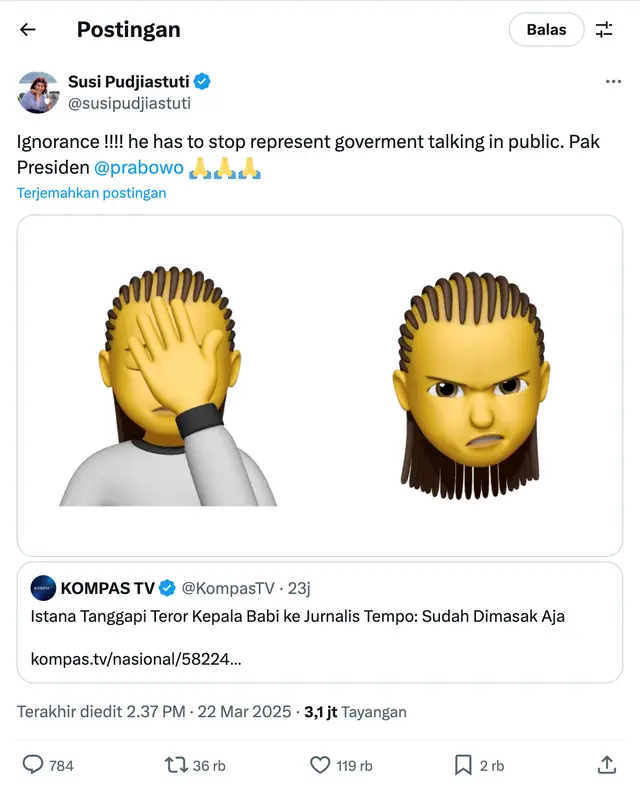 Viral Susi Pudjiastuti mengecam ucapan Hasan Nasbi soal teror kepala babi