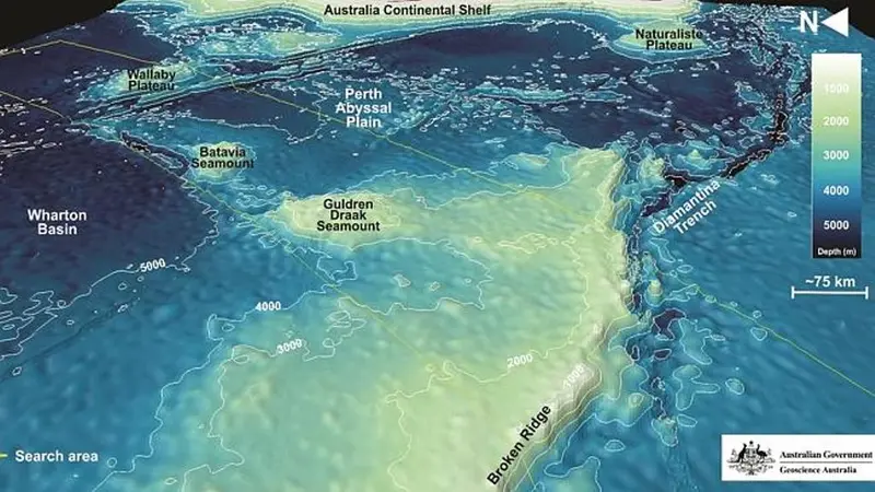 Gambar 3 dimensi dasar laut Samudera Hindia, titik pencarian MH370