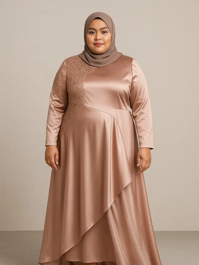 Model Gamis Satin Kombinasi Brokat untuk Orang Gemuk (Foto: ChatGPT)