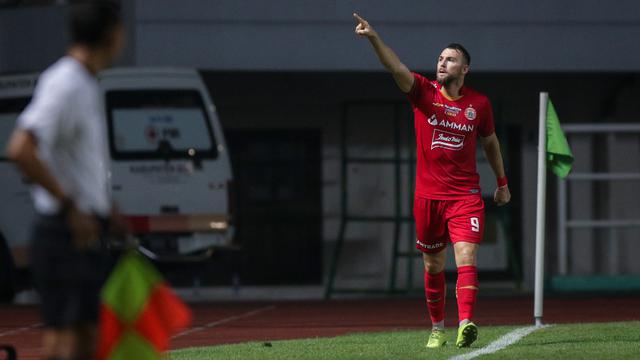 Marko Simic mencetak gol pertama Persija Jakarta ke gawang Persela Lamongan pada pekan keempat BRI Liga 1 2021/2022 di Stadion Pakansari, Kabupaten Bogor, Jumat (24/9/2021).