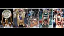 Kombinasi foto menunjukkan petenis Rusia, Maria Sharapova mengangkat sejumlah trofi Wimbledon 2004, AS Terbuka 2006, Australia Terbuka 2008, Prancis Terbuka 2012 dan Prancis Terbuka 2014. (AFP Photo)