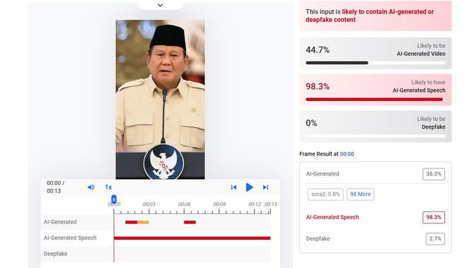Video klaim Prabowo Subianto mengumumkan bantuan untuk masyarakat yang kesulitan ekonomi menunjukkan buatan AI. (Foto: tangkapan layar Hive moderation)