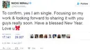 “Ya, aku lajang. Fokus pada karir dan untuk berbagi dengan kamu di waktu mendatang. Semoga Tahun Barunya diberkati. Cinta kamu,” tulis Nicki Minaj di akun @NICKIMINAJ miliknya. (doc.dailymail.com)