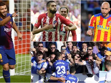 Berikut ini foto 7 selebrasi terbaik yang menghiasi laga La Liga Spanyol 2017/2018 Pekan ke-6. Diantaranya selebrasi Luis Suarez, Carrasco dan Simone Zaza. (Foto-foto Kolase AFP)