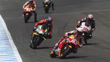 Pembalap Repsol Honda Marc Marquez dalam balapan MotoGP Spanyol di Sirkuit Jerez, Minggu (19/7/2020).(AP Photo/David Clares)