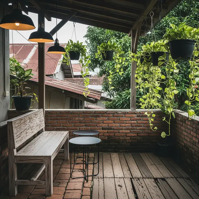 Teras Belakang Rumah Ala Cafe Tropis dengan Pencahayaan Gantung 2025