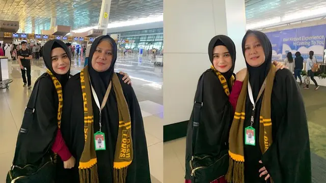 Tissa dan sang ibunda di Bandara Soekarno Hatta saat akan berangkat Umrah.