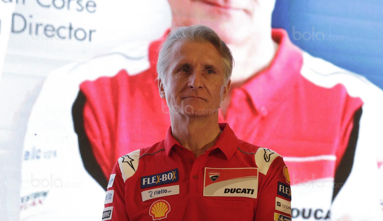Direktur Olahraga Ducati, Paolo Ciabatti, saat jumpa pers di Hotel Sheraton, Jakarta, Kamis (1/2/2018). Acara bertajuk "Libas Tantanganmu" ini merupakan rangkaian kampanye dari Shell Advance. (Bola.com/M Iqbal Ichsan)