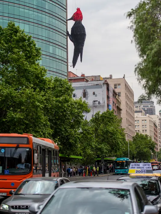 Burung pelatuk bagian dari seni instalasi "Hecho en Casa" menghiasi menara komunikasi di Santiago, Senin (29/10). Burung pelatuk raksasa itu dibuat oleh seniman Chile Mauricio Garcia dan pemenang kontes seni publik "IdeasTorreEntel". (Martin BERNETTI/AFP)