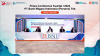 Konfrensi pers laporan keuangan kuartal I 2023 PT Bank Negara Indonesia (Persero) Tbk (BBNI) atau disebut BNI, Selasa, (18/4/2023). (Foto: tangkapan layar/Pipit I.R)