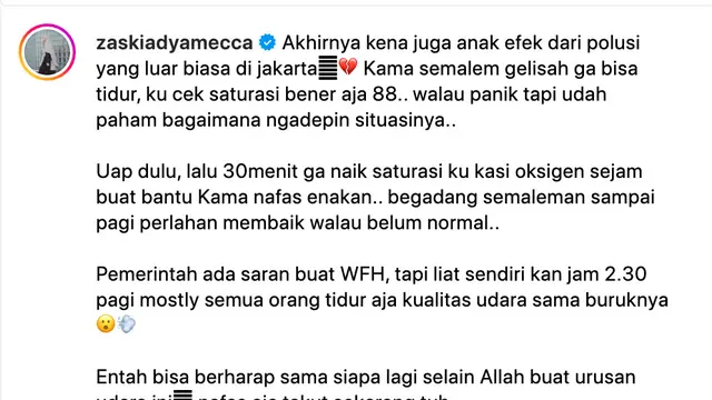 Unggahan Zaskia Adya Mecca soal buruknya kualitas udara di Jakarta dan sekitarnya. (Foto: Dok. Instagram @zaskiadyamecca)