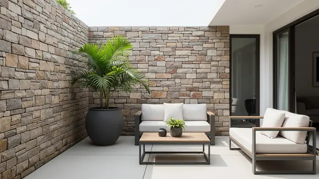 Model Teras dengan Batu Alam dan Palem Kipas untuk Rumah Type 36/AI Generated