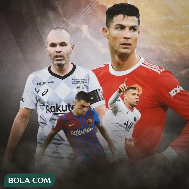 Ilustrasi - Andres Iniesta, Pedri, Cristiano Ronaldo, Kylian Mbappe
