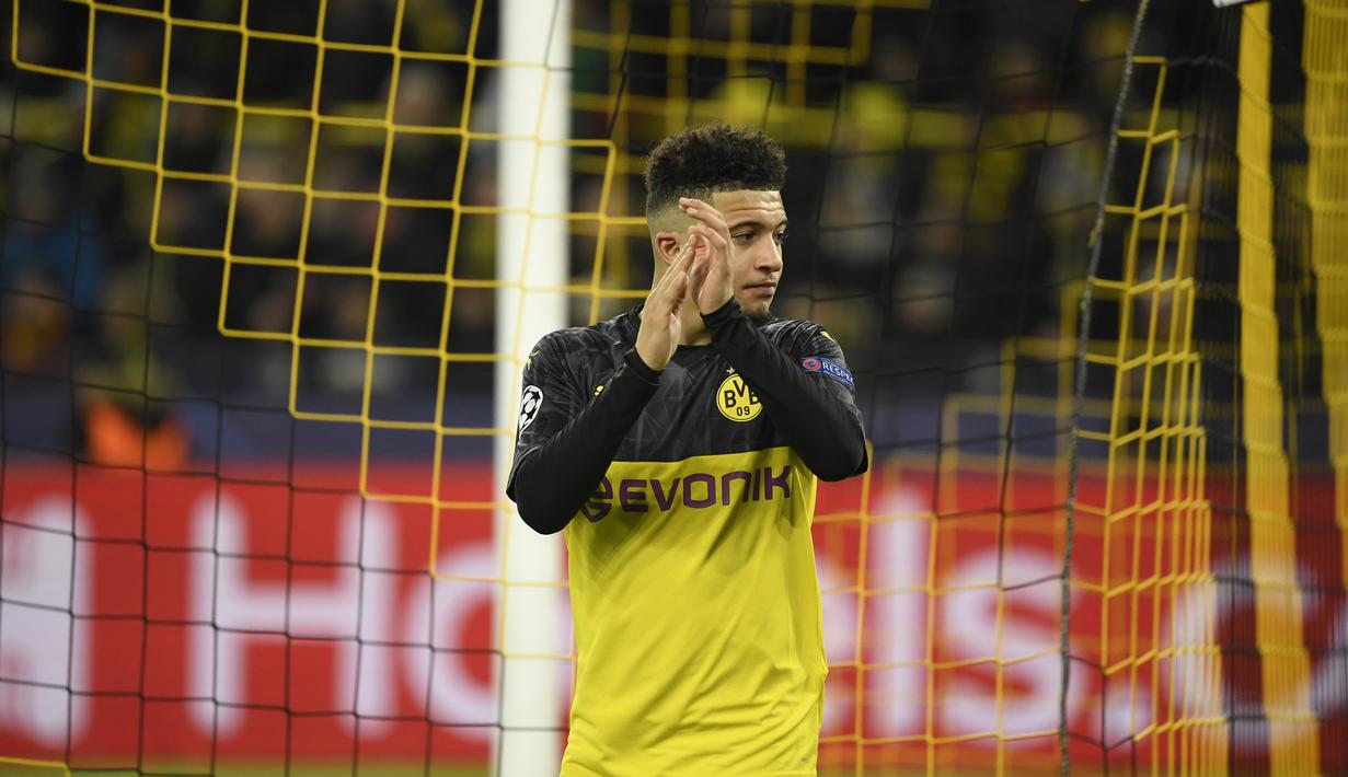 3. Jadon Sancho (17 gol) - Memasuki pekan ke-32, pemain asal Inggris ini telah mengkoleksi 17 gol bersama Borussia Dortmund di kompetisi Bundesliga musim 2019/2020. (AFP/Ina Fassbender)