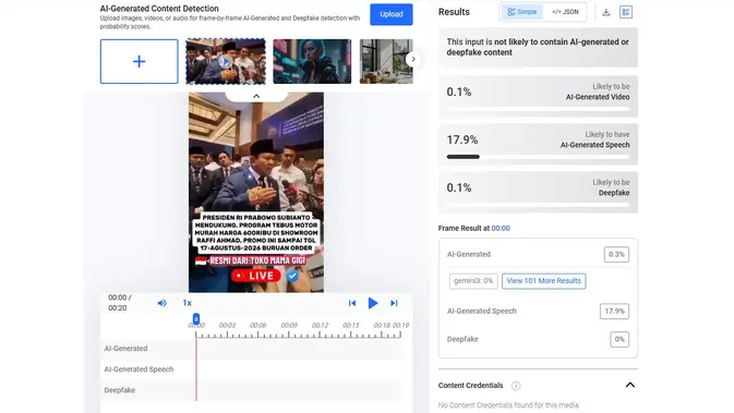 Video klaim Prabowo Subianto mengumumkan program promo sepeda motor murah Rp 600 ribu menunjukkan buatan AI. (Foto: tangkapan layar Hive moderation)