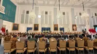 Kabinet Merah Putih hadir dalam sidang kabinet satu tahun pemerintahan Prabowo-Gibran. (Liputan6.com/Lizsa Egeham)