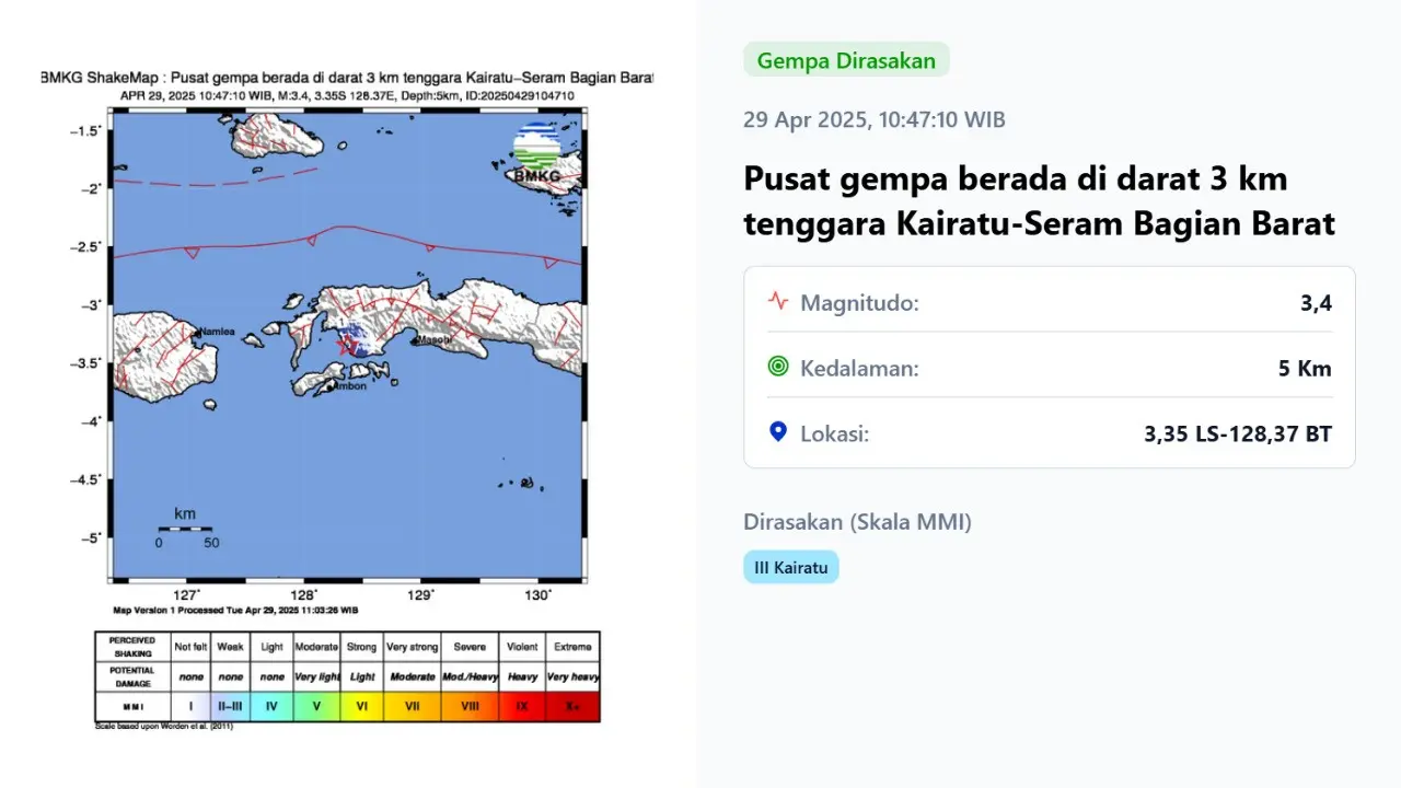 Gempa hari ini, Selasa (29/4/2025) menggetarkan pukul 10:47:10 WIB di wilayah Seram Bagian Barat, Provinsi Maluku.
