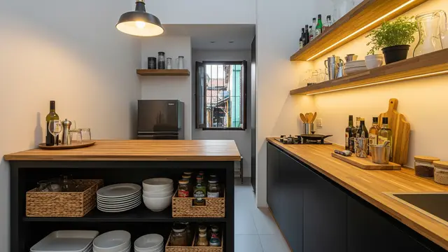 Dapur Minimalis Bar dengan Rak Penyimpanan