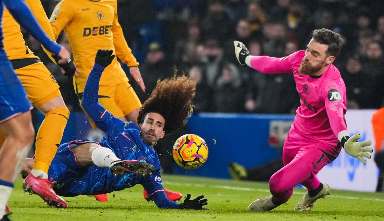 Tiga gol kemenangan Chelsea masing-masing dicetak oleh Tosin Adarabioyo, Marc Cucurella, dan Noni Madueke. Wolves sempat menyamakan kedudukan lewat gol Matt Doherty. (AP Photo/Kin Cheung)