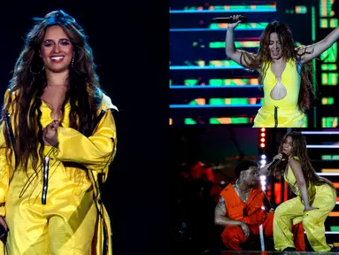 Kolase foto memperlihatkan saat Camila Cabello tampil pada festival musik Rock in Rio di Rio de Janeiro, Brasil, 10 September 2022. Penampilan Camila Cabello adalah salah satu yang paling ditunggu dari akhir pekan kedua Rock in Rio 2022. (AP Photo/Bruna Prado)