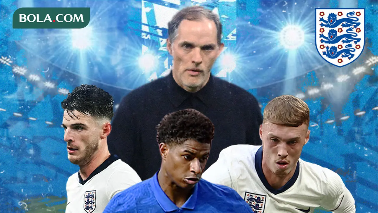 Ilustrasi - Thomas Tuchel dikelilingi pemain Timnas Inggris Rashford, Cole Palmer, Declan Race, ada logo Timnas Inggris