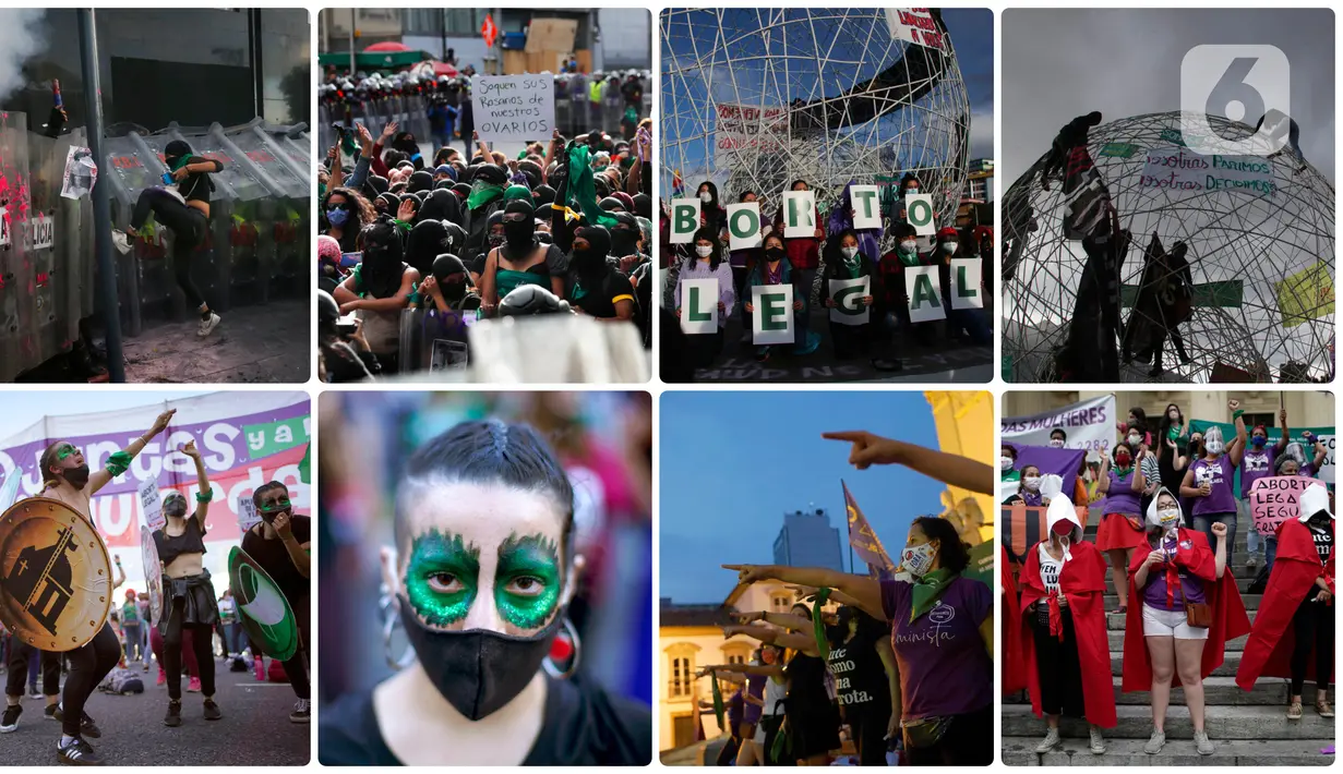 Foto kombinasi yang dibuat pada 29 September 2020 ini menunjukkan demonstrasi pada Hari Dekriminalisasi Aborsi di Amerika Latin dan Karibia. (AP Photo/Marco Ugarte, Dolores Ochoa, Victor R. Caivano, Silvia Izquierdo)