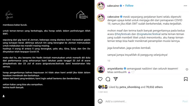 Penyanyi Nadin Amizah menyampaikan permintaan maaf kepada para penggemarnya karena membatalkan konser akibat terjangkit COVID-19 untuk pertama kali. (Instagram @cakecaine)