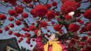 Seorang anak memegang sebuah lampion yang menempel di pohon di pintu masuk Taman Ditan di Beijing (1/2). Tahun Baru Imlek jatuh pada 16 Februari tahun ini, dengan perayaan yang berlangsung selama seminggu di China. (AFP Photo/Nicolas Asfouri)