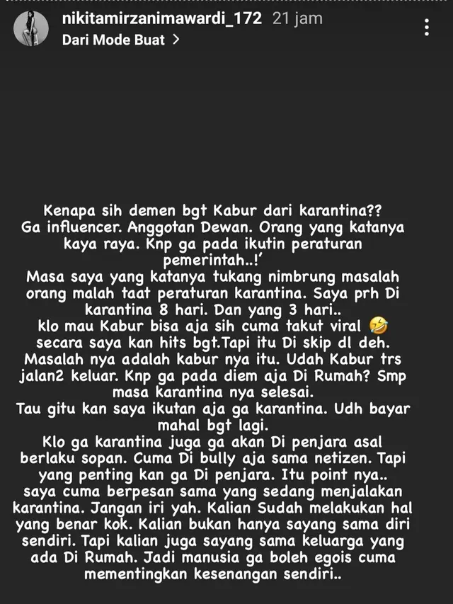 Unggahan Nikita Mirzani. (Foto: Instagram @nikitamirzanimawardi_172)