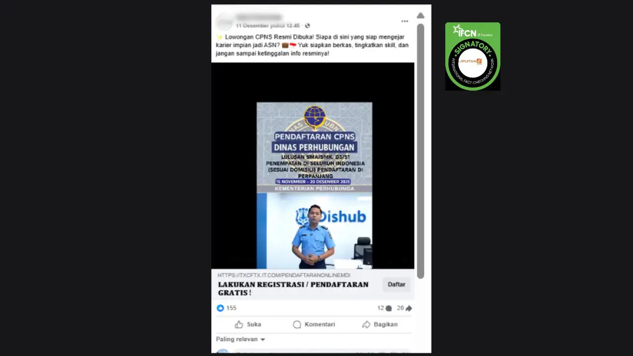 Tangkapan layar klaim link pendaftaran CPNS Kementerian Perhubungan yang beredar di Facebook.