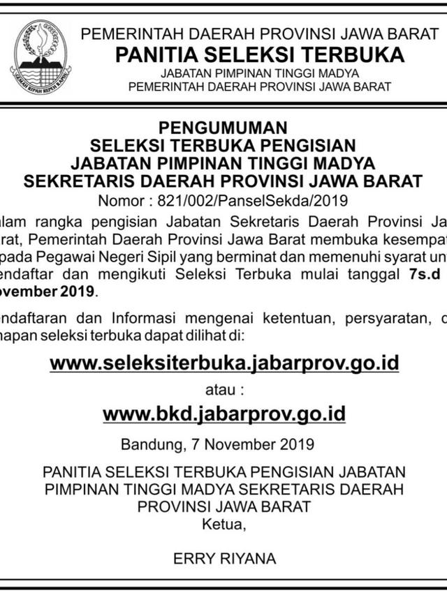 Pendaftaran Seleksi Terbuka Untuk Jabatan Sekda Jabar Resmi