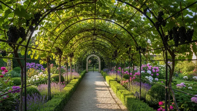 Desain Kebun Rumah dengan Lorong Tanaman Rambat ala Taman Eropa (AI)