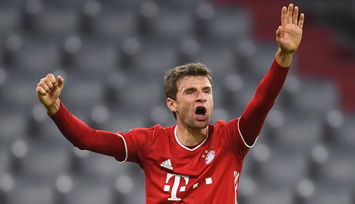 6. Thomas Mueller (Bayern Muenchen) - Total penampilan sebanyak 119, termasuk saat melakoni partai matchday 3 musim 2020/2021 melawan Salzburg (4/11/2020). (AFP/Andreas Gebert/Pool)