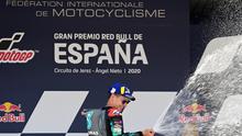 Fabio Quartararo di podium pertama MotoGP Jerez, Minggu (19/7/2020). (JAVIER SORIANO / AFP)