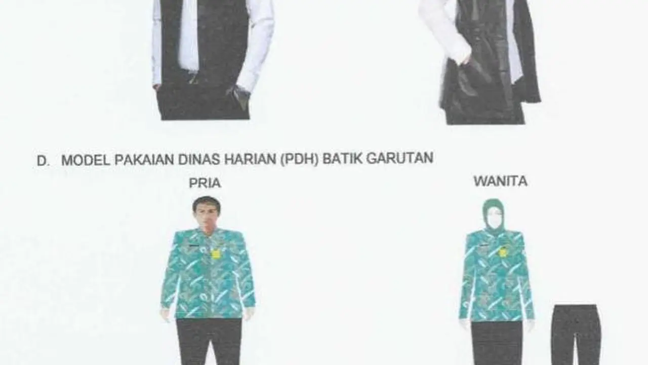Setelan dandanan seragam Aparatur Sipil Negara (ASN) Pemerintah Daerah (Pemda) Garut, Jawa Barat, edisi terbaru, bakal semakin kece dan necis, seiring dengan penambahan batik dan aksesoris kulit garutan. (Liputan6.com/Jayadi Supriadin)