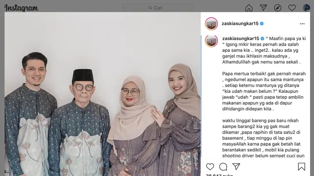 Unggahan Zaskia Sungkar. (Foto: Instagram @zaskiasungkar15)