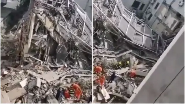 Tim penyelamat telah menarik tujuh orang yang selamat dari puing-puing hotel bertarif murah Siji Kaiyuan di Suzhou, China. (Wumenhang/Twitter)