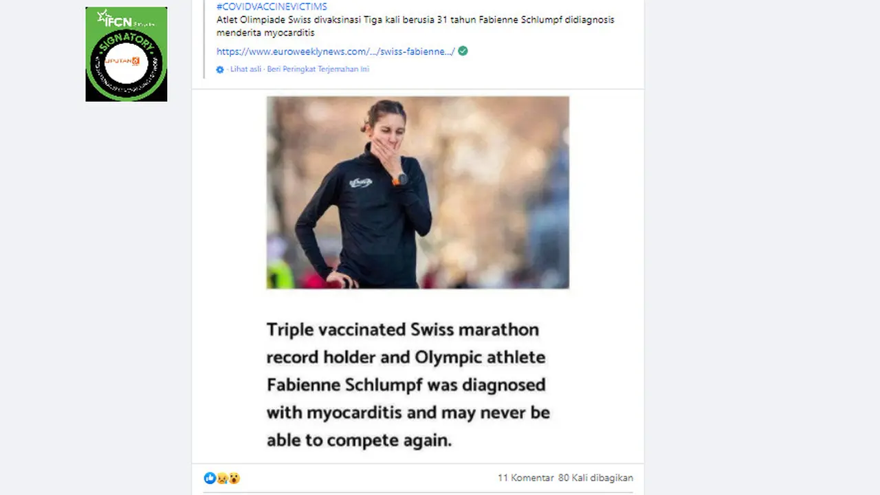 Cek Fakta Liputan6.com menelusuri klaim atlet olimpiade Swiss Fabienne Schlumpf menderita miokarditis karena vaksin Covid-19 tiga kali