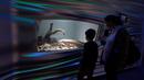 Pengunjung melihat Methuselah, ikan lungfish Australia sepanjang 4 kaki, 40 pon yang dibawa ke California Academy of Sciences pada tahun 1938 dari Australia, di akuariumnya di San Francisco, Senin (24/1/2022). (AP Photo/Jeff Chiu)